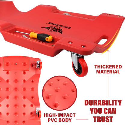 Red tool carrier with wheels and a screwdriver, highlighting durability and material quality.