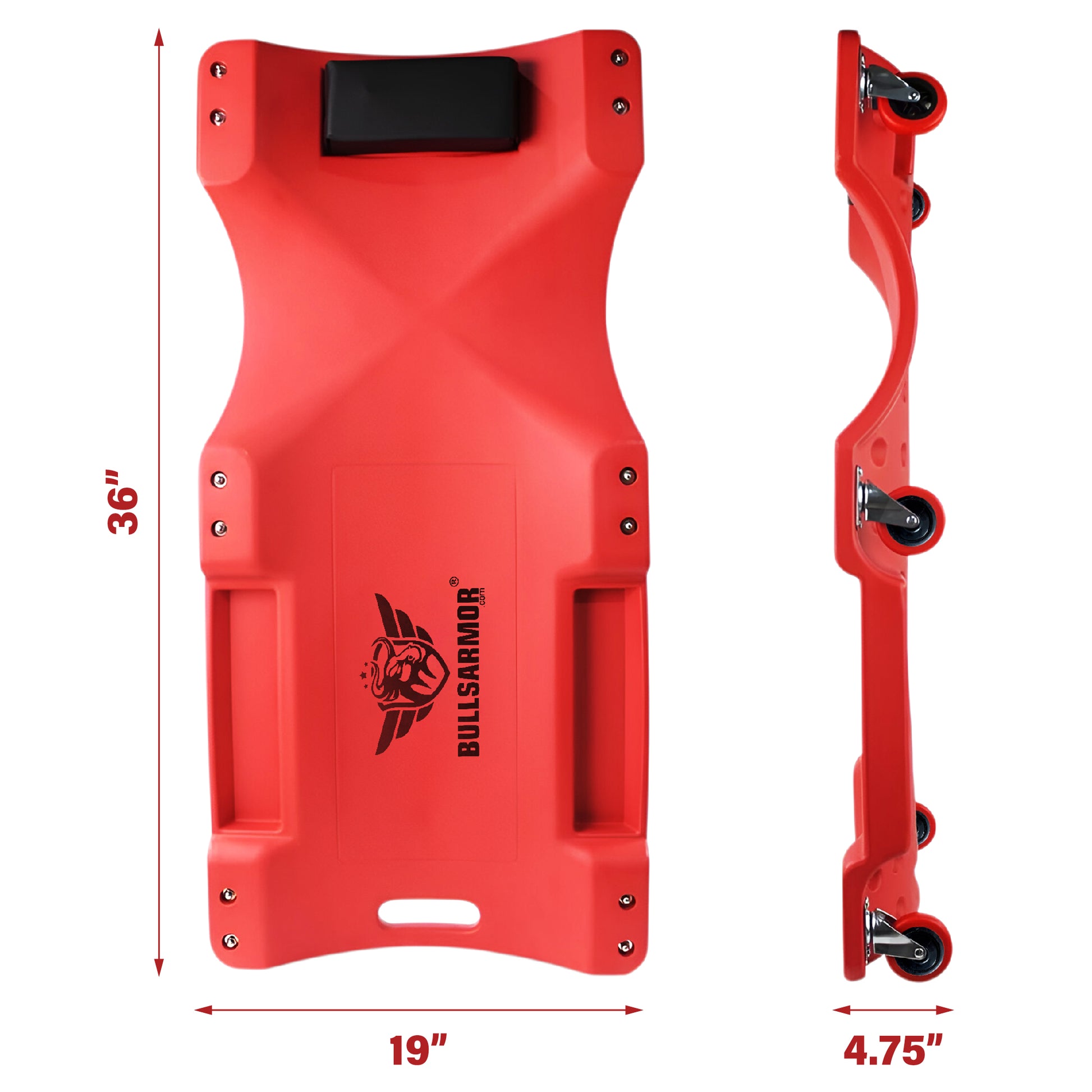 Red protective plate with dimensions and Bullsh Armor logo on a white background