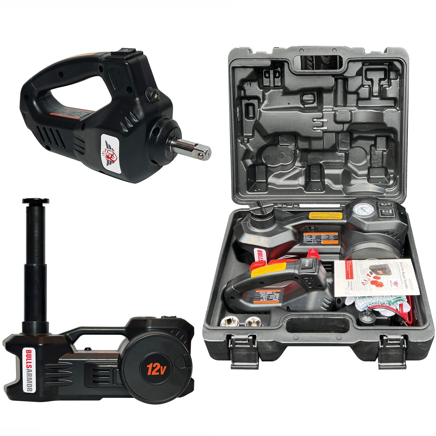 Set of tools including a drill, impact wrench, and case on a white background